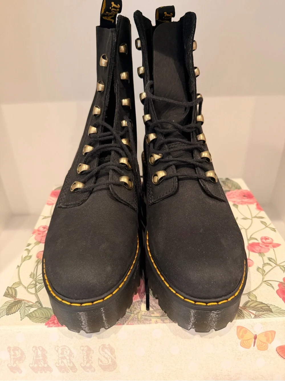 Dr. Martens Black Lace-Up Platform Ankle Boots with Yellow Stitching